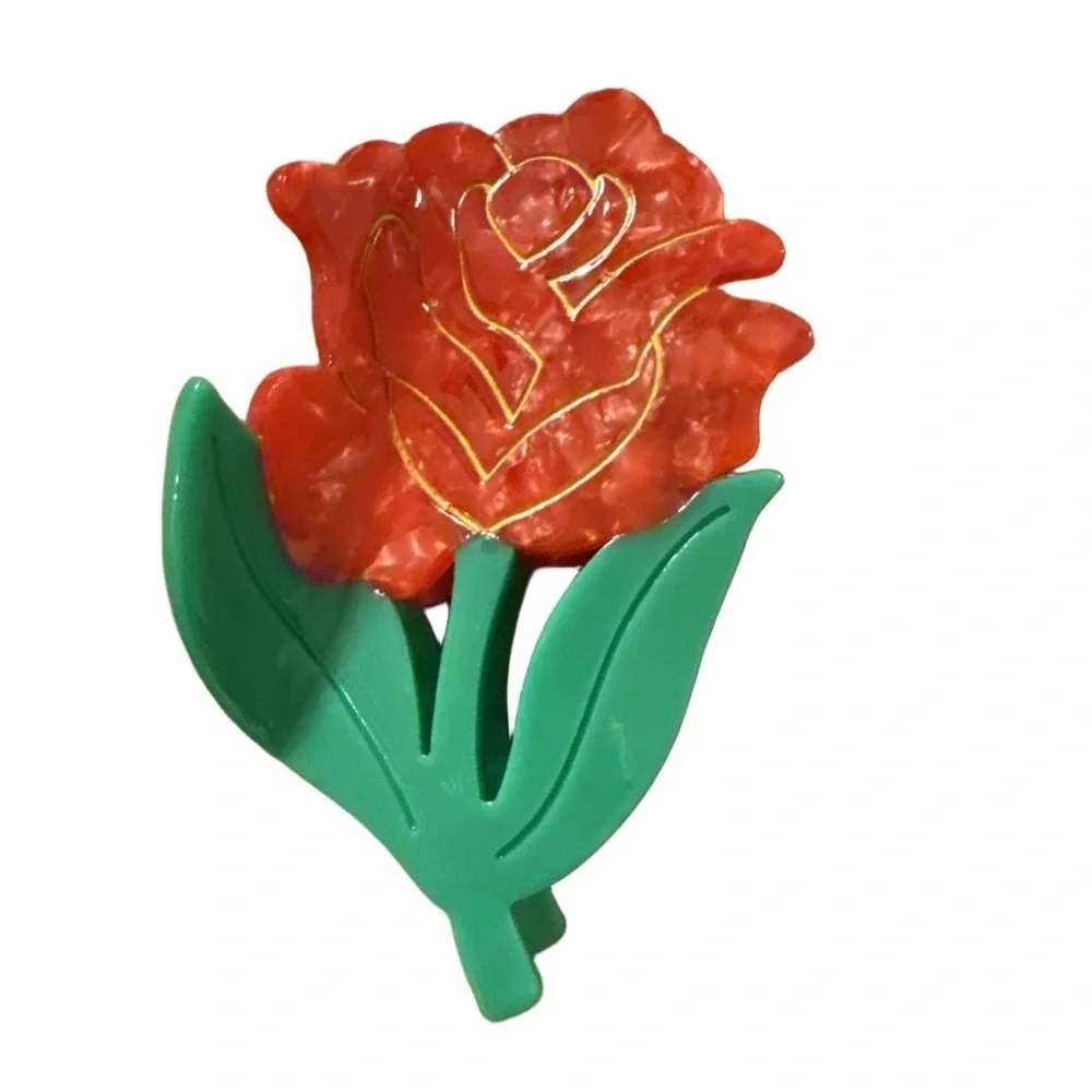 Red Rose hair clip with Green Leaves